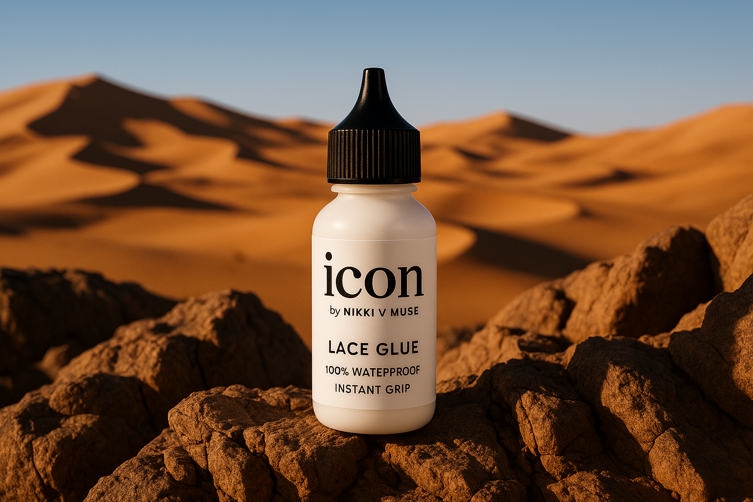 a beautiful shot of single 'icon' lace glue bottle by Nikki V Muse 100% waterproof instant grip (white bottle black pointy top) in the middle of the sahari desert strategically staged on mountainous rocks