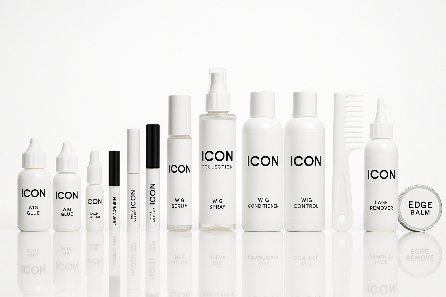 A clear clear display of my wig care products for my new collection “Icon “ Collection . All of the products are lined up next to each other (at least 15 products) -the eyelash adhesives, the white bottle of wig glues in different size bottles. I would like a white photographic background for this idea