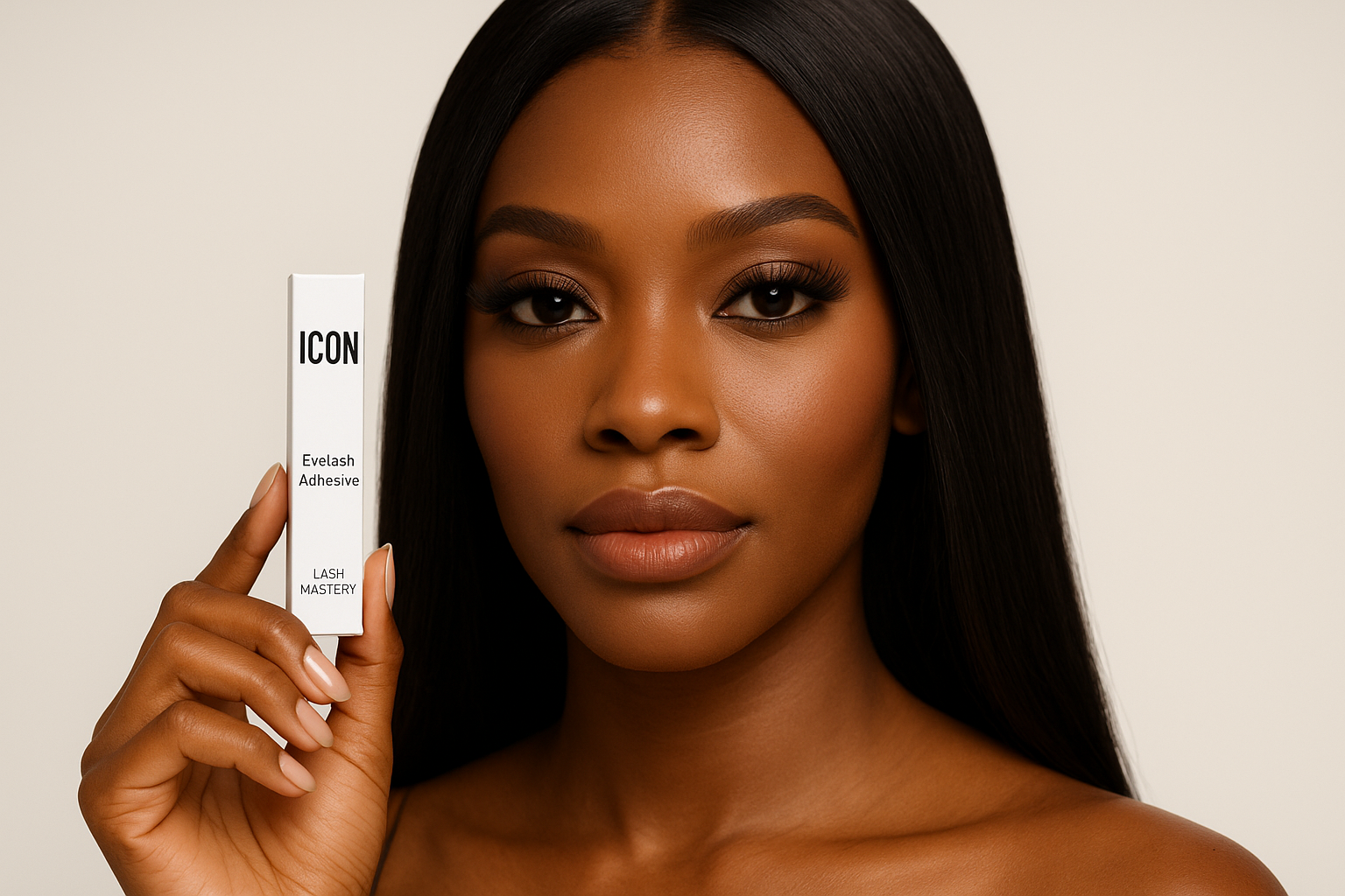 eyelash-adhesive-in-a- skinny small white-box-that-reads-icon eyeslash adhesive-lash-mastery-falsie eyelash-adhesive-the-box-is-strategically-staged-with-a-beautiful-black-female-model-holding-the-skinny small white box-shes-wearing-a-long-flowy straight middle part long black hair 