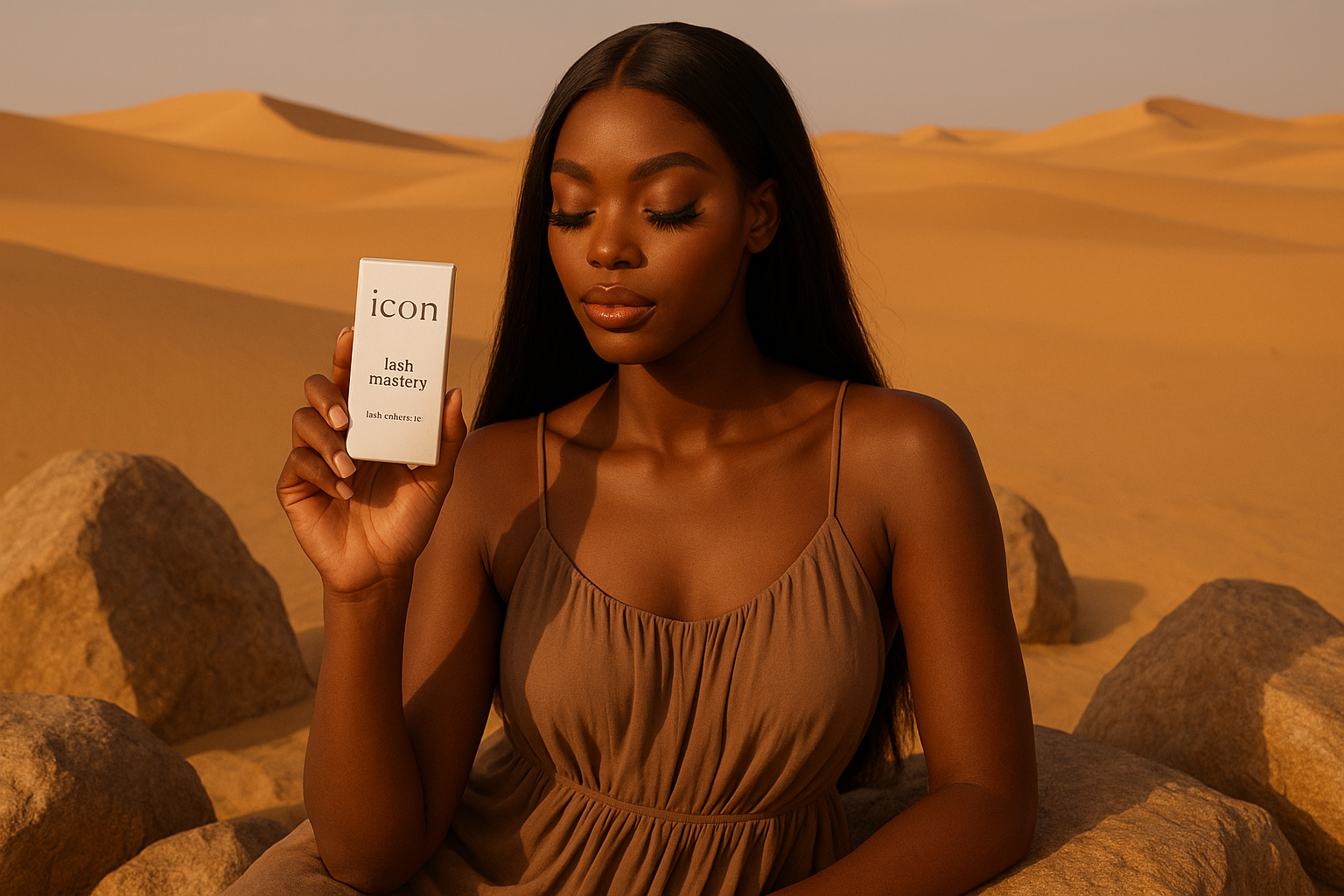 eyelash adhesive in a white box that reads 'icon'' lash mastery lash adhesive . The box is strategically staged  with a  beautiful black female model holding the box,shes wearing a long flowy neutral spaghetti strapped dress ,her hair is long black flowing down her back with a middle part ,her eyelashes are long ,fluffy and beautiful she posing on huge rocks in the middle of the sahari desert. 