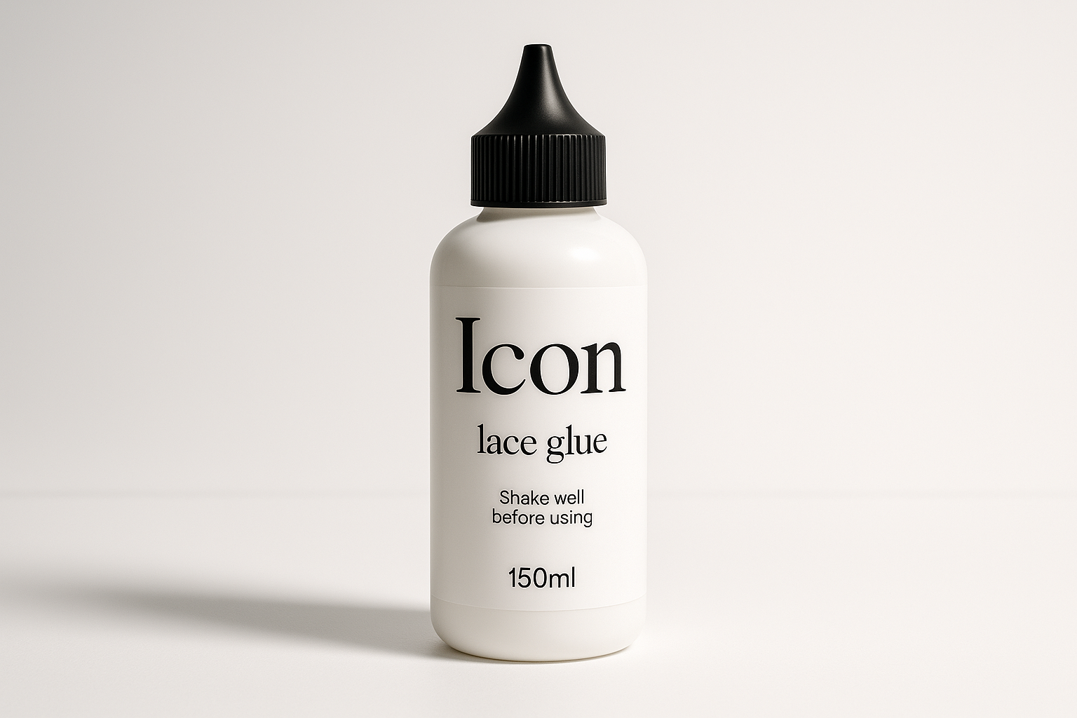 Generate a product image of a lace glue tube for my brand Nikki v muse. The glue bottle is sitting tall on an invisible counter top . The glue bottle  itself is simply clean is white the glue is white with a black pointy top.The big bottle reads “Icon” (the theme of the collection. Then in smaller font it says lace glue. Shake well before using. The size is 150ml The aesthetic of the photo is white clean professionally shot 