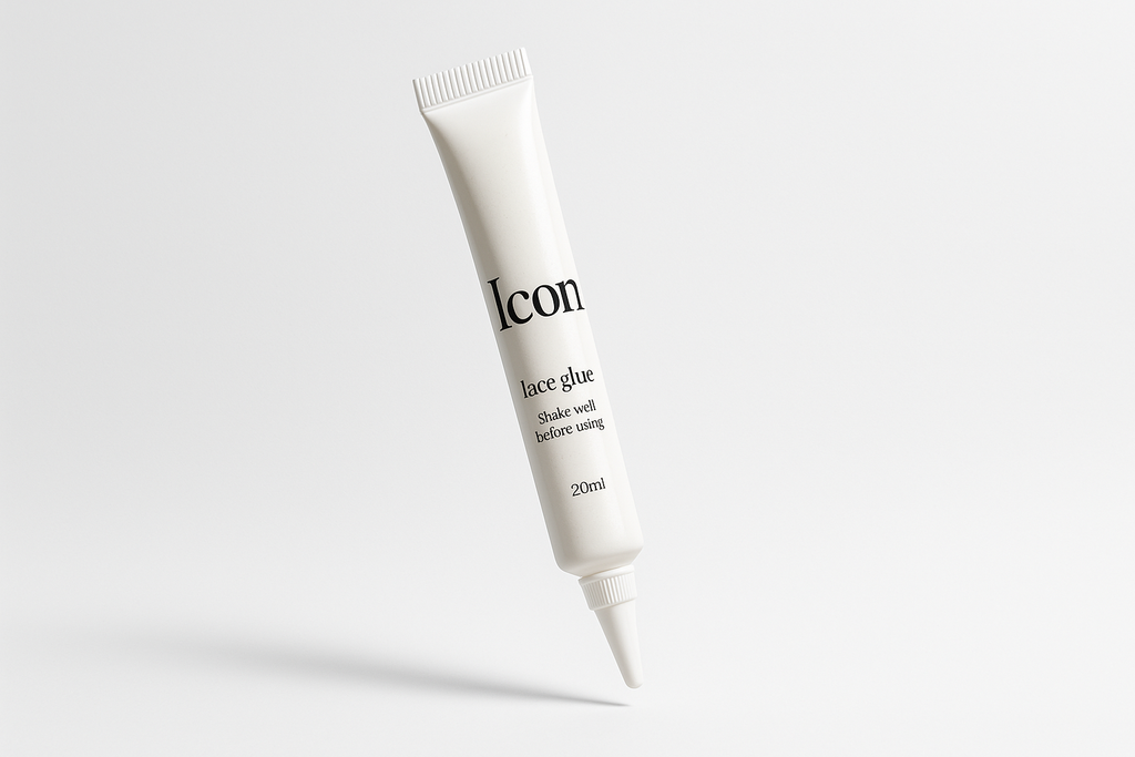 Generate a product image of a lace glue tube for my brand Nikki v muse. The glue skinny tube (similar to a glue pen shape ) is floating in air . The glue tubes itself is simply clean designed the tube is white the glue is white . The tube reads “Icon” (the theme of the collection. Then in smaller font it says lace glue. Shake well before using. The size is 20ml The aesthetic of the photo is white clean professionally shot 