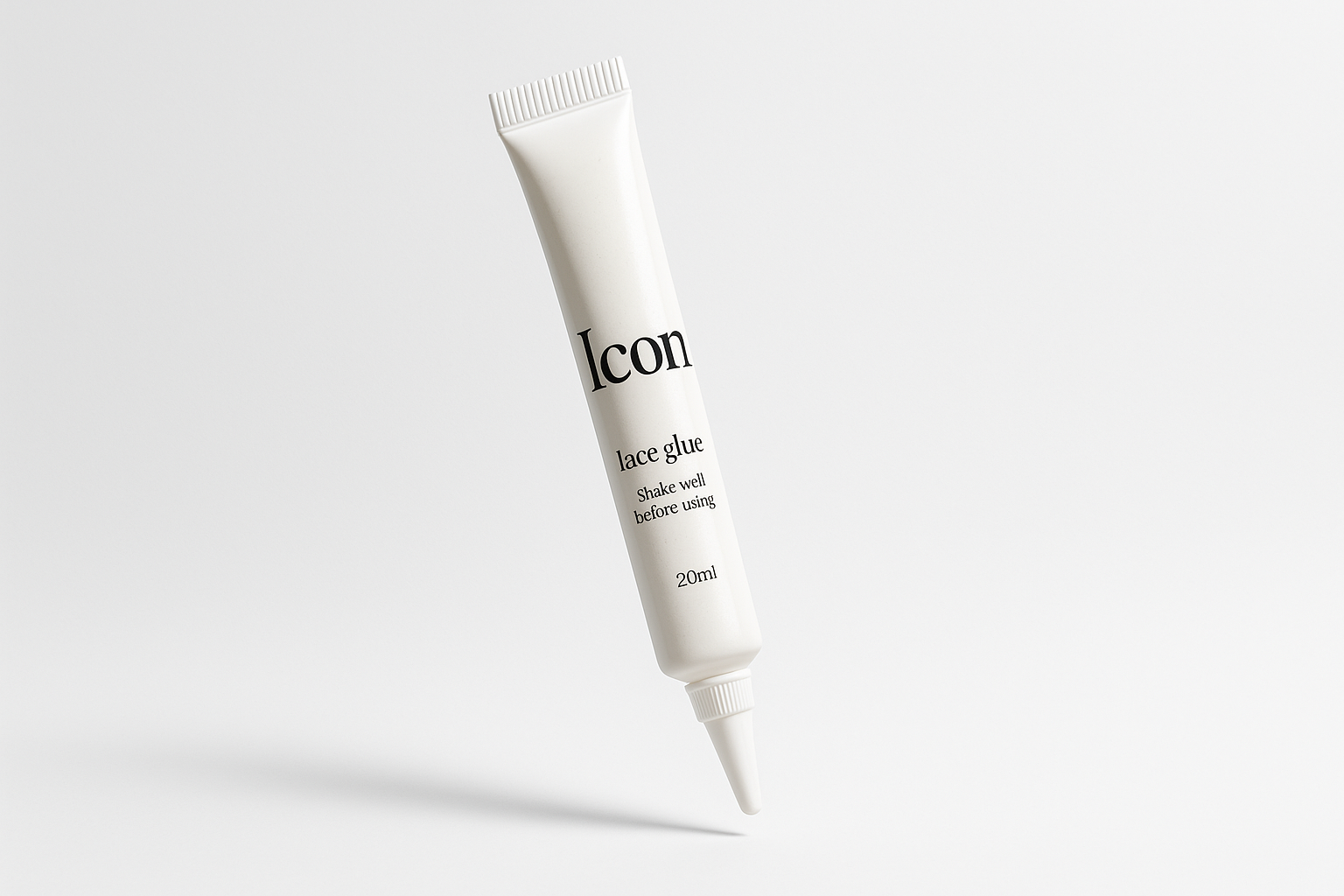 Generate a product image of a lace glue tube for my brand Nikki v muse. The glue skinny tube (similar to a glue pen shape ) is floating in air . The glue tubes itself is simply clean designed the tube is white the glue is white . The tube reads “Icon” (the theme of the collection. Then in smaller font it says lace glue. Shake well before using. The size is 20ml The aesthetic of the photo is white clean professionally shot 