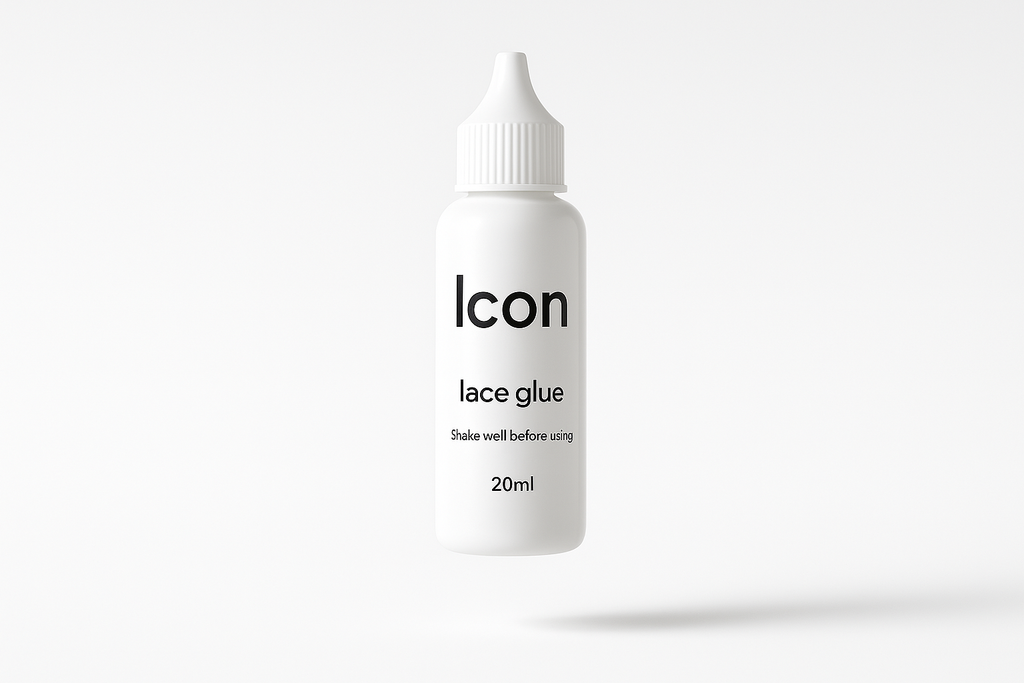 Generate a product image of a lace glue tube for my brand Nikki v muse. The glue tube is floating in air . The glue tubes itself is simply clean designed the tube is white the glue is white . The tube reads “Icon” (the theme of the collection. Then in smaller font it says lace glue. Shake well before using. The size is 20ml The aesthetic of the photo is white clean professionally shot in a photogenic background