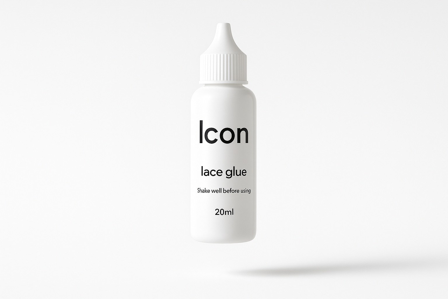 Generate a product image of a lace glue tube for my brand Nikki v muse. The glue tube is floating in air . The glue tubes itself is simply clean designed the tube is white the glue is white . The tube reads “Icon” (the theme of the collection. Then in smaller font it says lace glue. Shake well before using. The size is 20ml The aesthetic of the photo is white clean professionally shot in a photogenic background