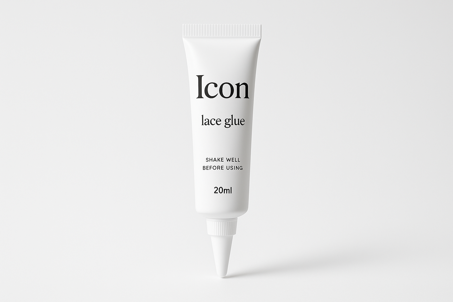 Generate a product image of a lace glue tube for my brand Nikki v muse. The glue tube is floating in air . The glue tubes itself is simply clean designed the tube is white the glue is white . The tube reads “Icon” (the theme of the collection. Then in smaller font it says lace glue. Shake well before using. The size is 20ml The aesthetic of the photo is white clean professionally shot  Can you make the bottle look expensive & high quality ?