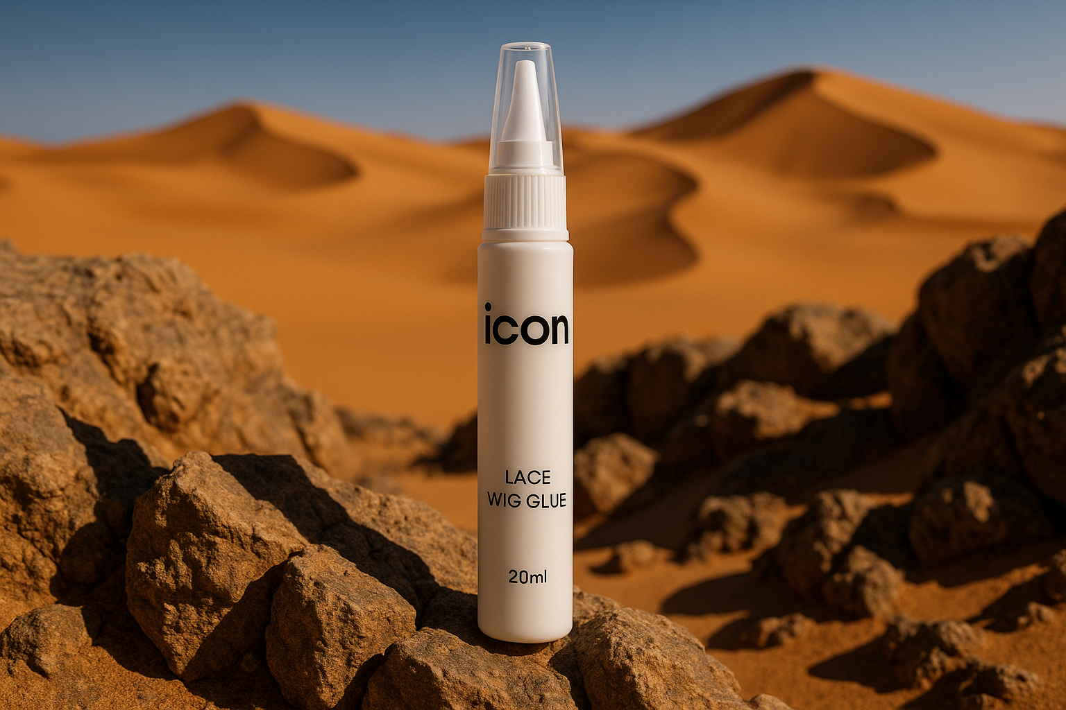 ''icon'' lace wig glue pen (all white product) strategically beautifully staged on mountainous rocks in the middle of the sahari desert close up shot 20ml size 