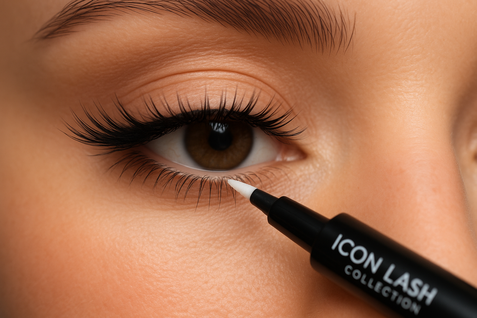 pov closeup of  eyelash adhesive wand from the icon lash collection,lash wand  being used on an eye for a falsie application