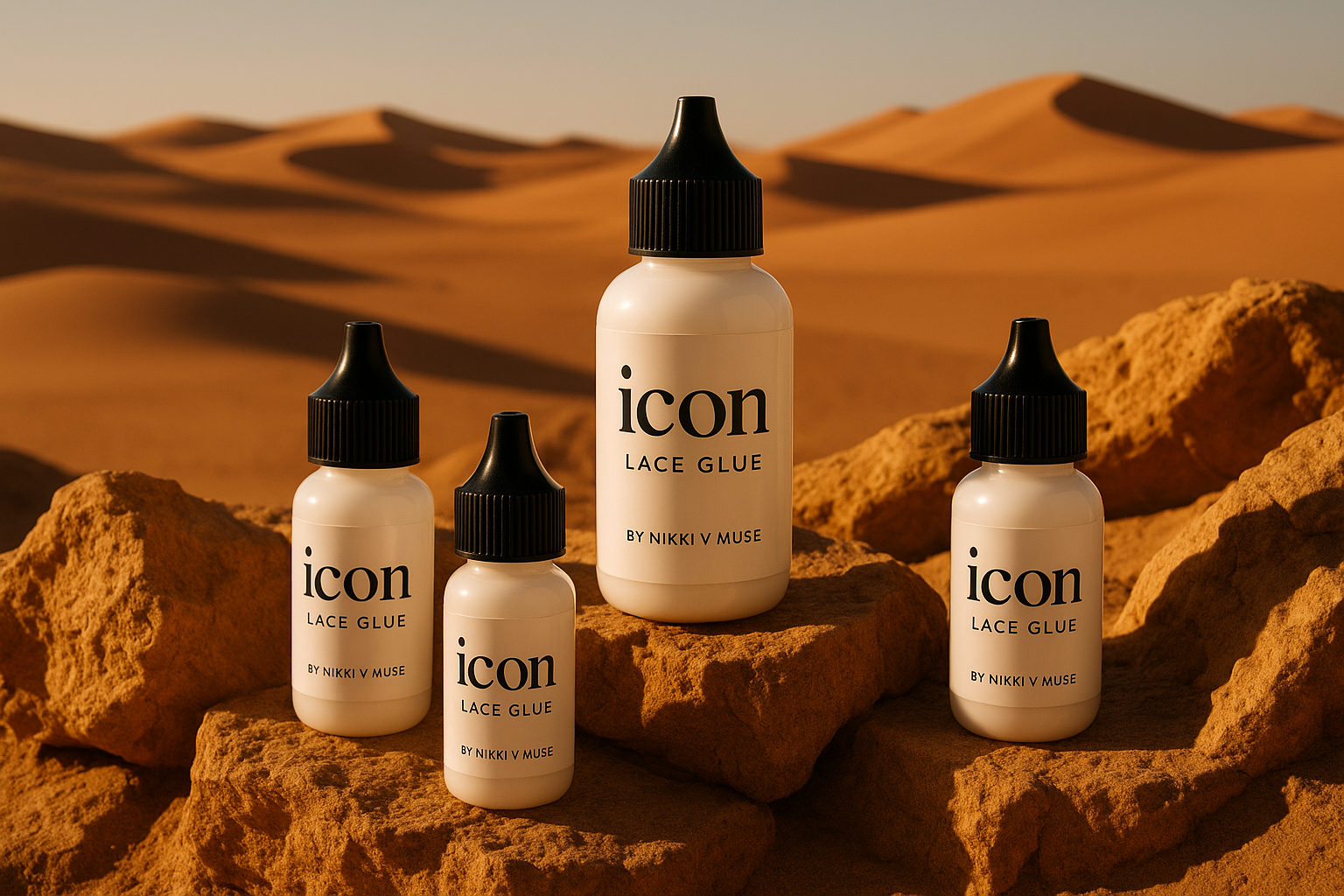 the setting is a hot yet serene sahari desert location the focus is my brand of lace glue ... different shapes and sizes of the lace glues are strategically staged on the mountainous rocks that set the scene Let me describe my lace glue bottles they are in expensive sheek designed white bottles with a black pointy top with black font in front the reads 'icon' lace glue by Nikki V Muse. I would like several pictures of several angles of these artistic shots